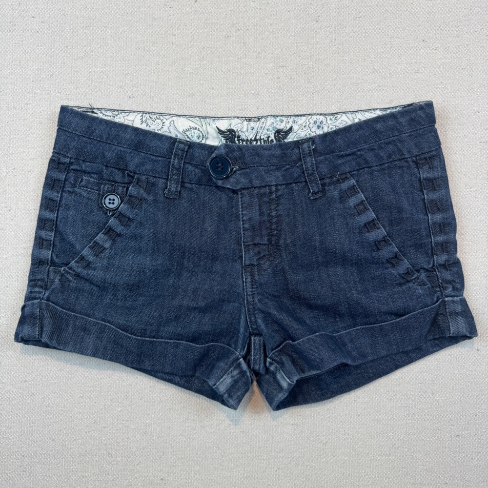 Freestyle Revolution 7 Denim Shorts Womens Dark Blue Whipstitch Cuffed Low Rise